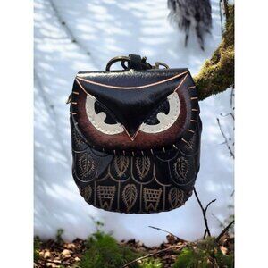 New Brown Genuine Leather Handmade Owl Bird Coin Purse Wristlet Key Case